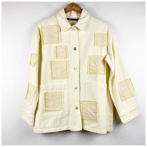 Zara Cotton Overshirt Chore Jacket Embroidered Patches Yellow Size XS - Picture 13 of 16